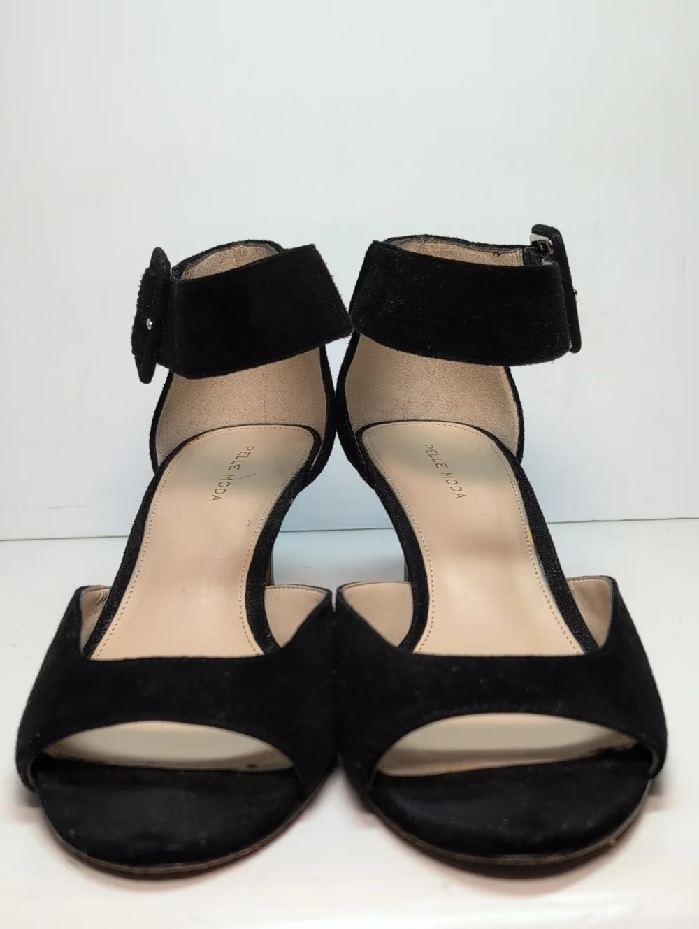 Pelle Moda Black Suede Peep-Toe Ankle Strap Heels womans size 9